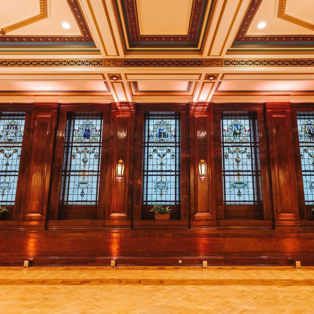 60 Great Queen Street panelled room with stained glass and parquet floor