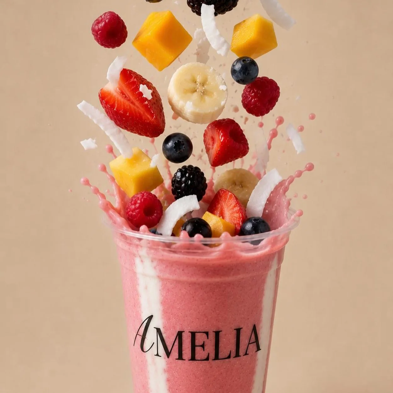 Amelia berry smoothie with fresh fruit in a branded cup
