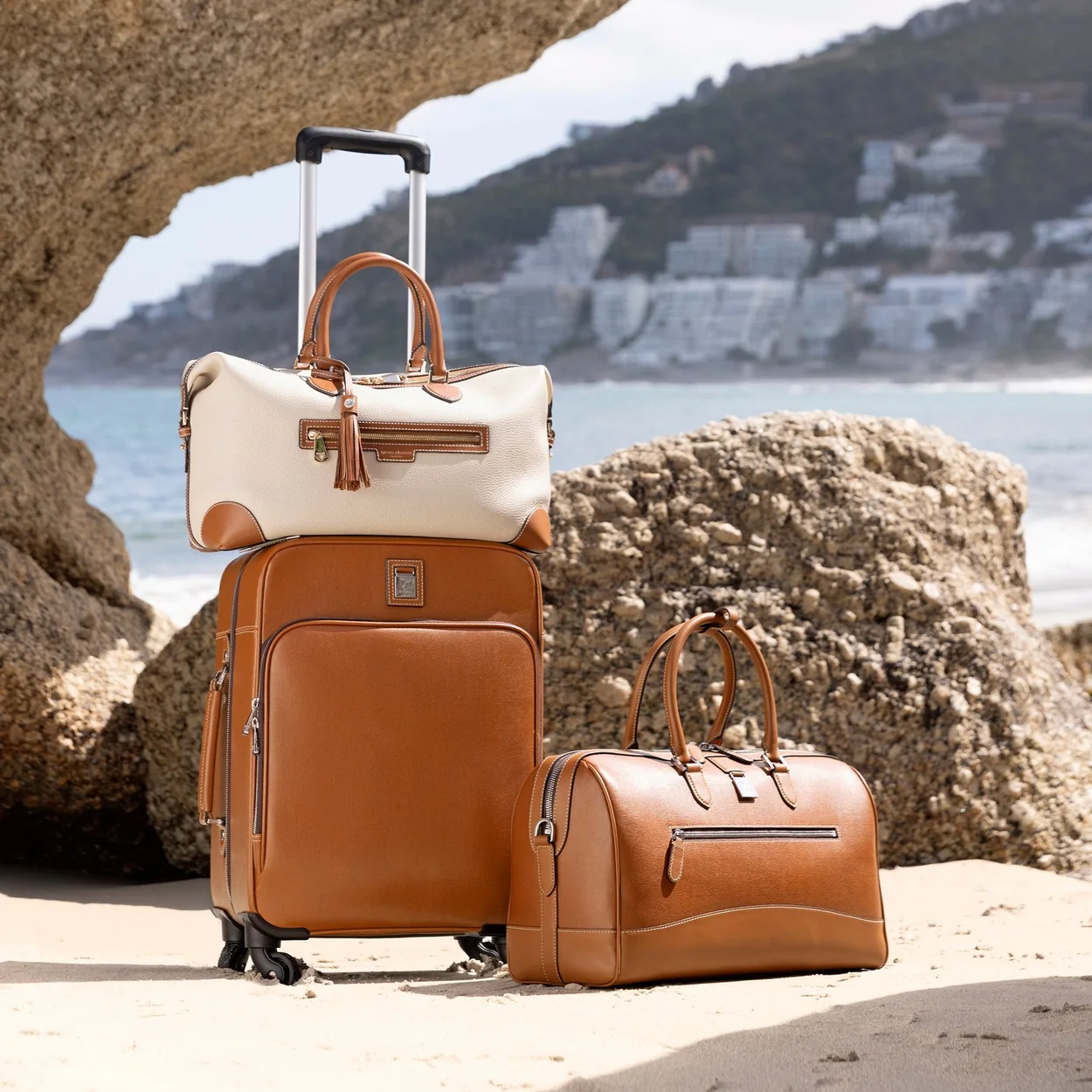Aspinal of London tan leather luggage set with holdall and cabin case