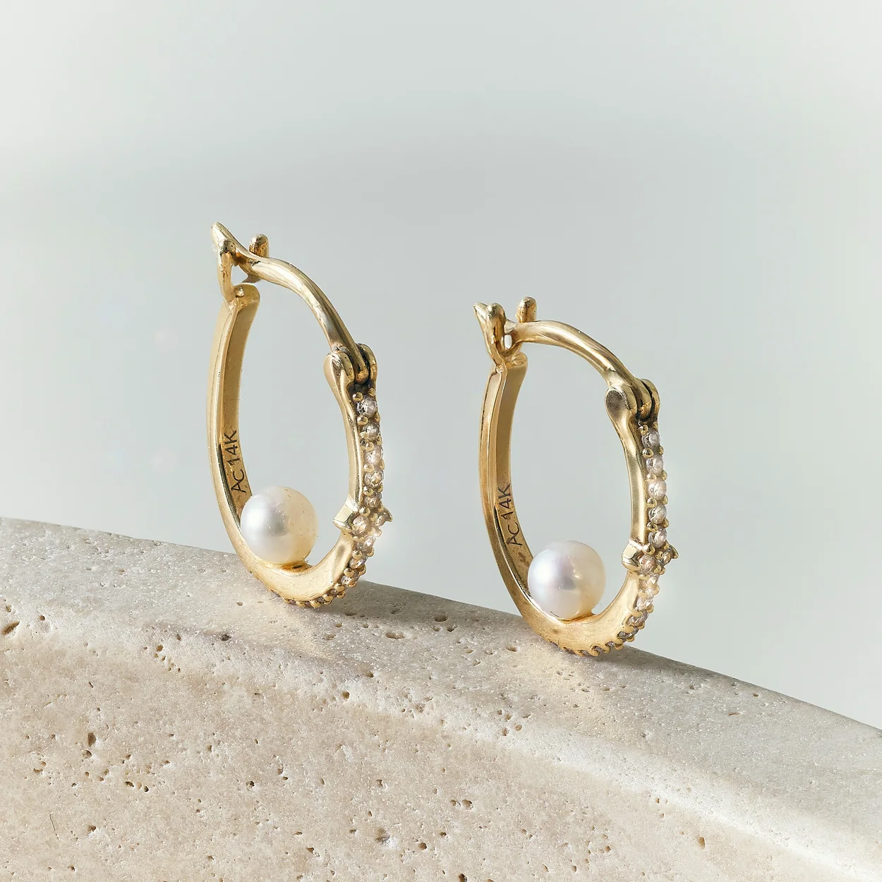 Astley Clarke gold hoop earrings with pearls on stone