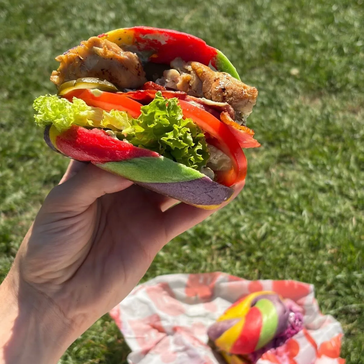 B Bagel rainbow bagel filled with chicken and salad