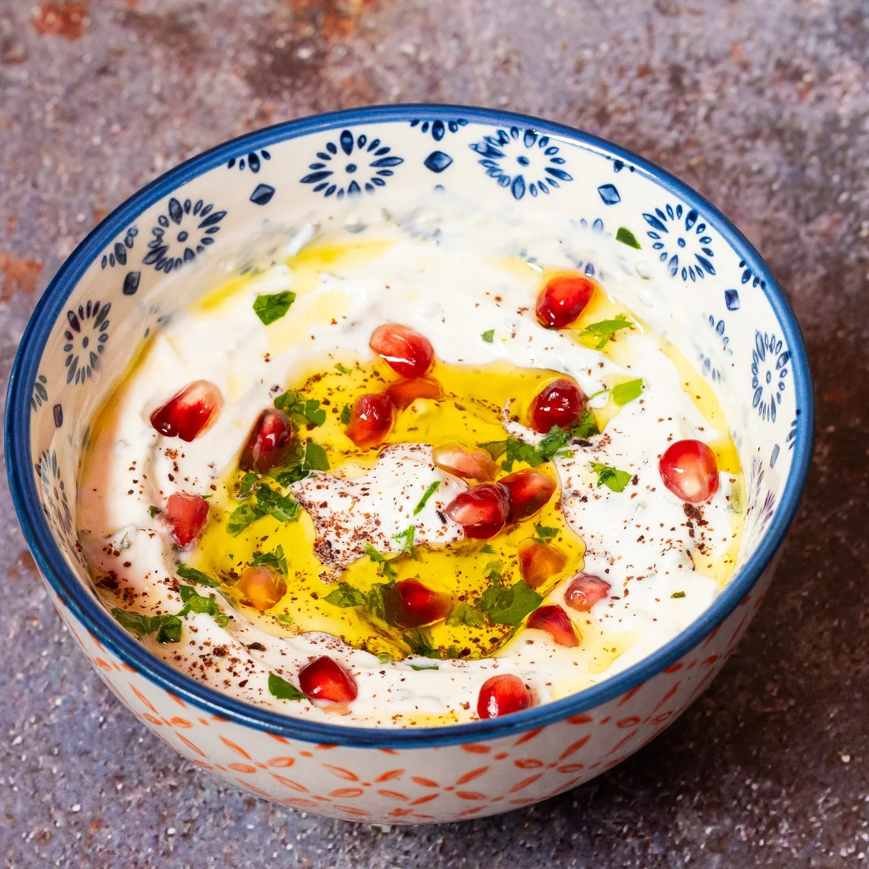 Bab Mansour yoghurt dip with pomegranate and olive oil