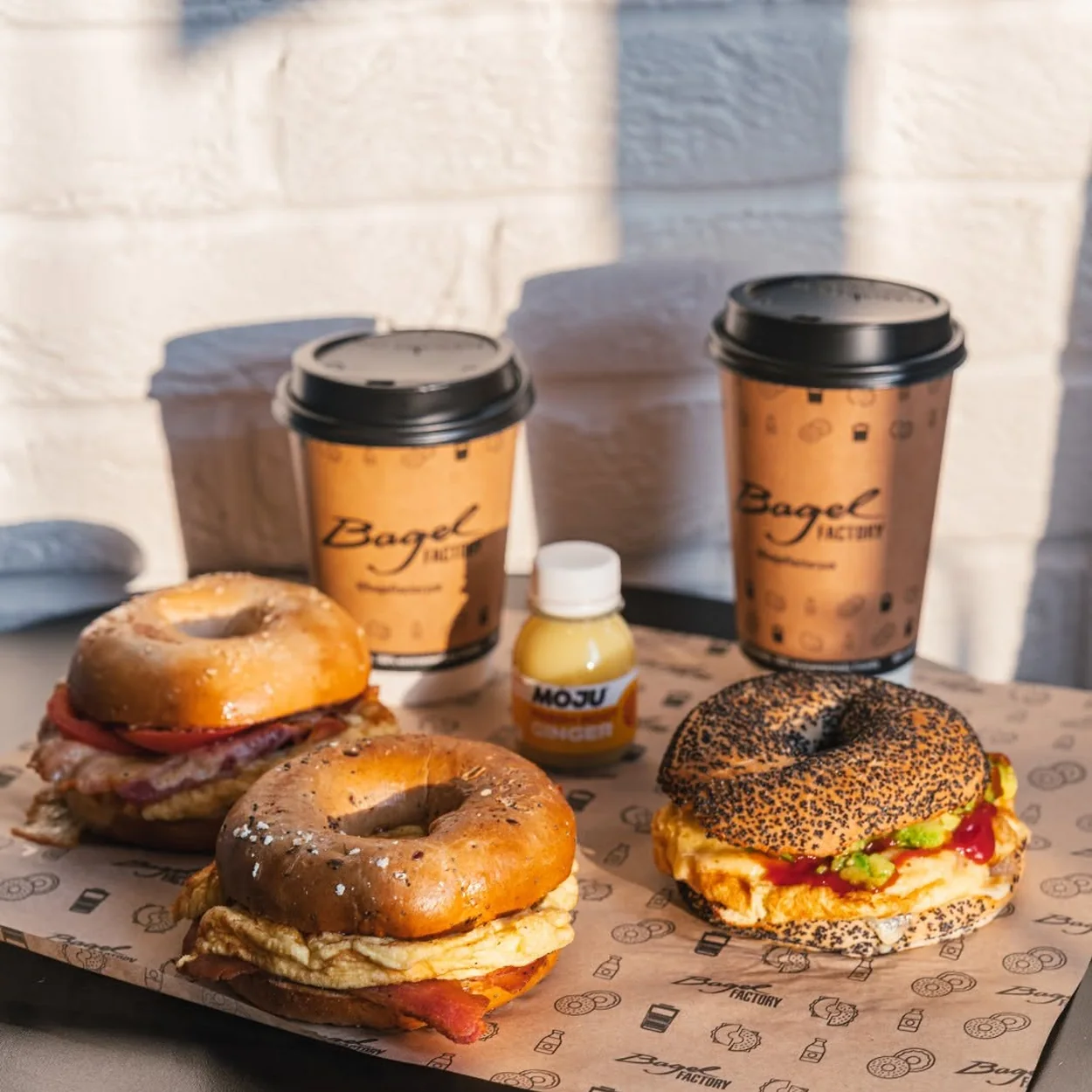 Bagel Factory breakfast bagels with hot drinks and juice