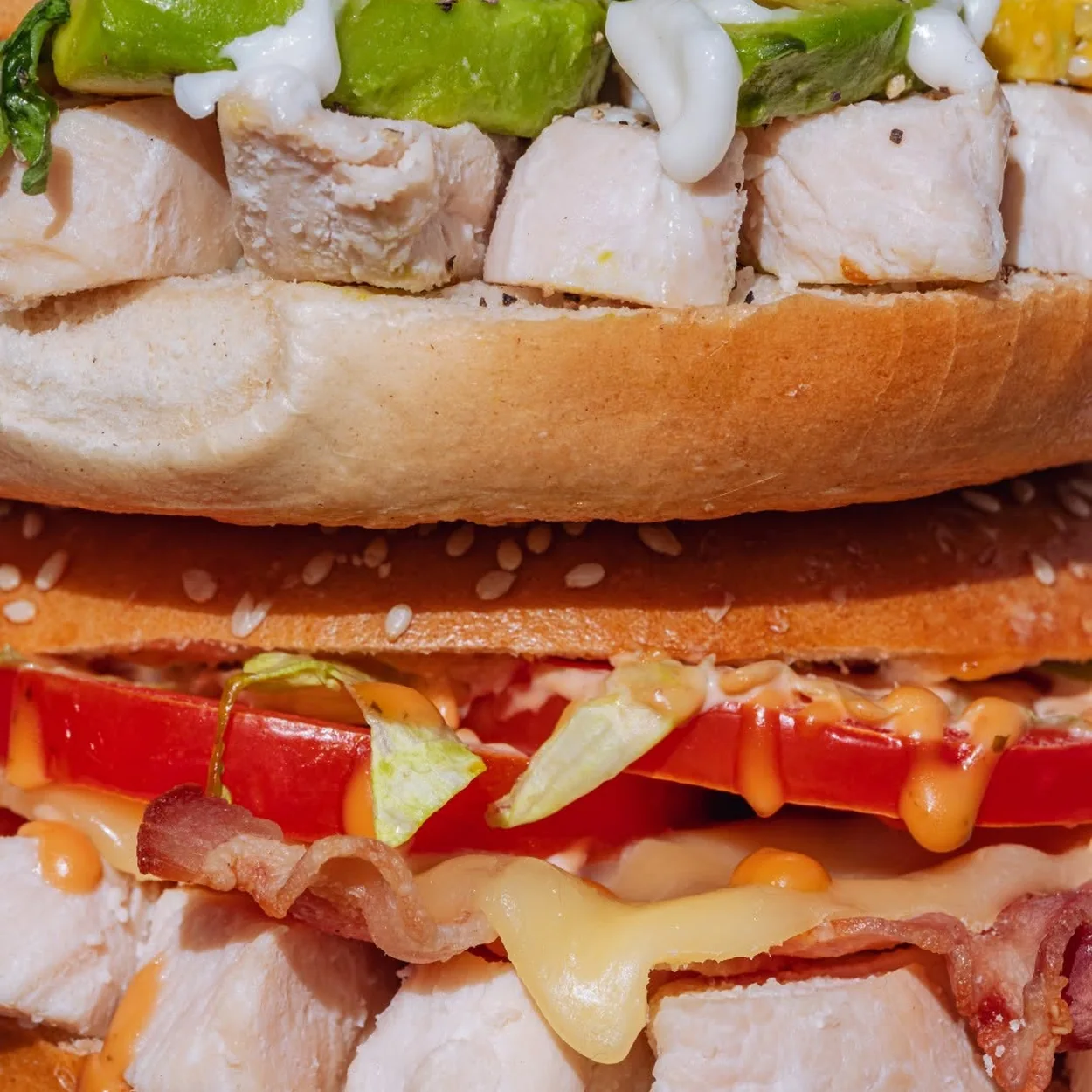 Bagel Factory chicken, bacon and avocado bagel close up