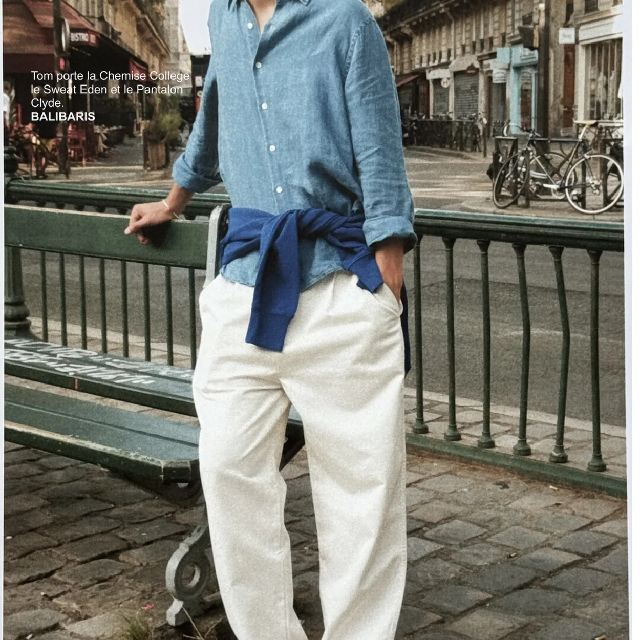 Balibaris blue linen shirt and white trousers worn in Paris