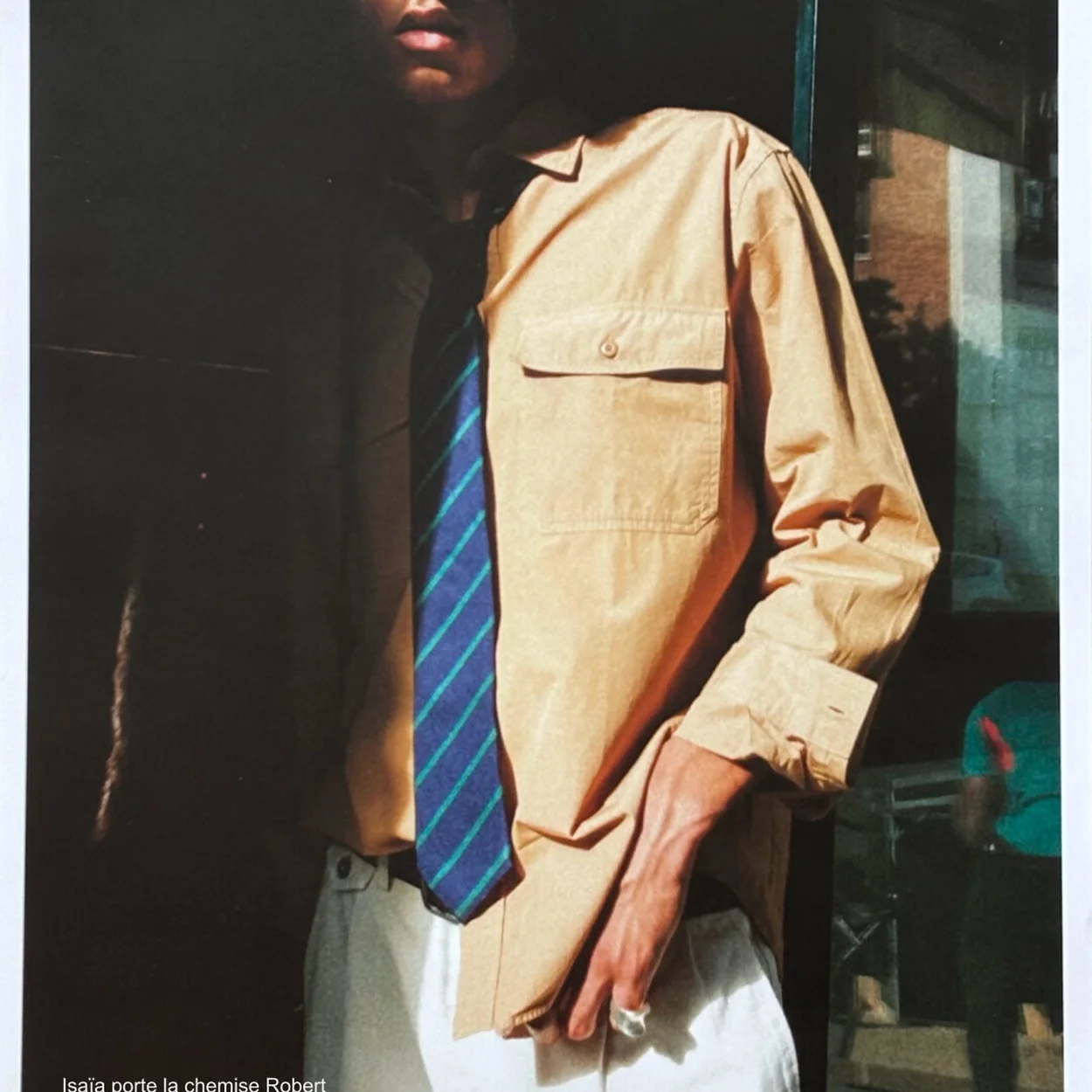Balibaris camel overshirt with striped tie and white trousers