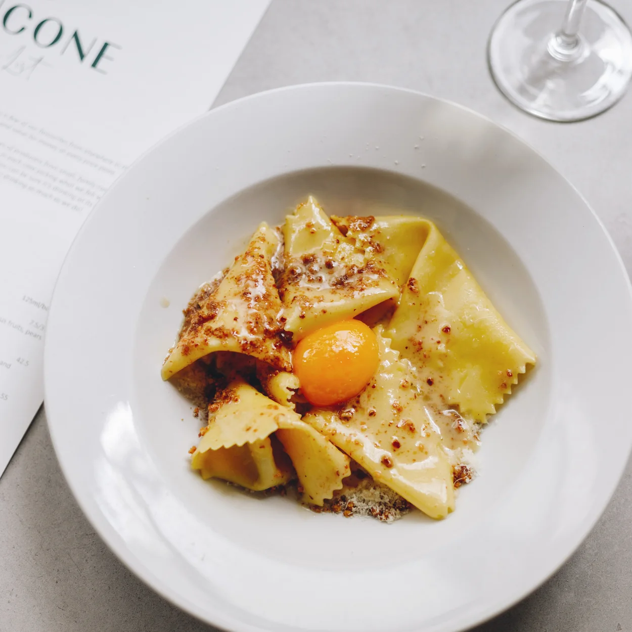Bancone silk handkerchief pasta with egg yolk and hazelnut