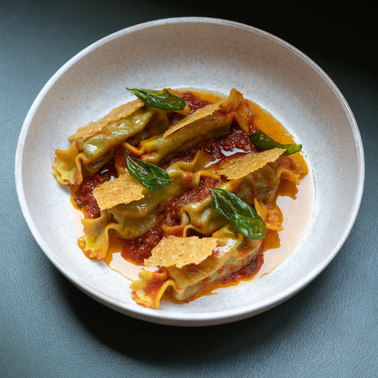 Bancone pasta with tomato, courgette and shaved cheese
