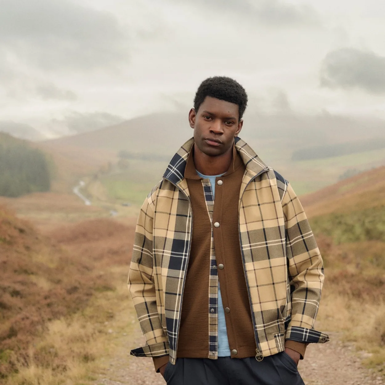 Barbour tartan overshirt and knitwear worn in the hills