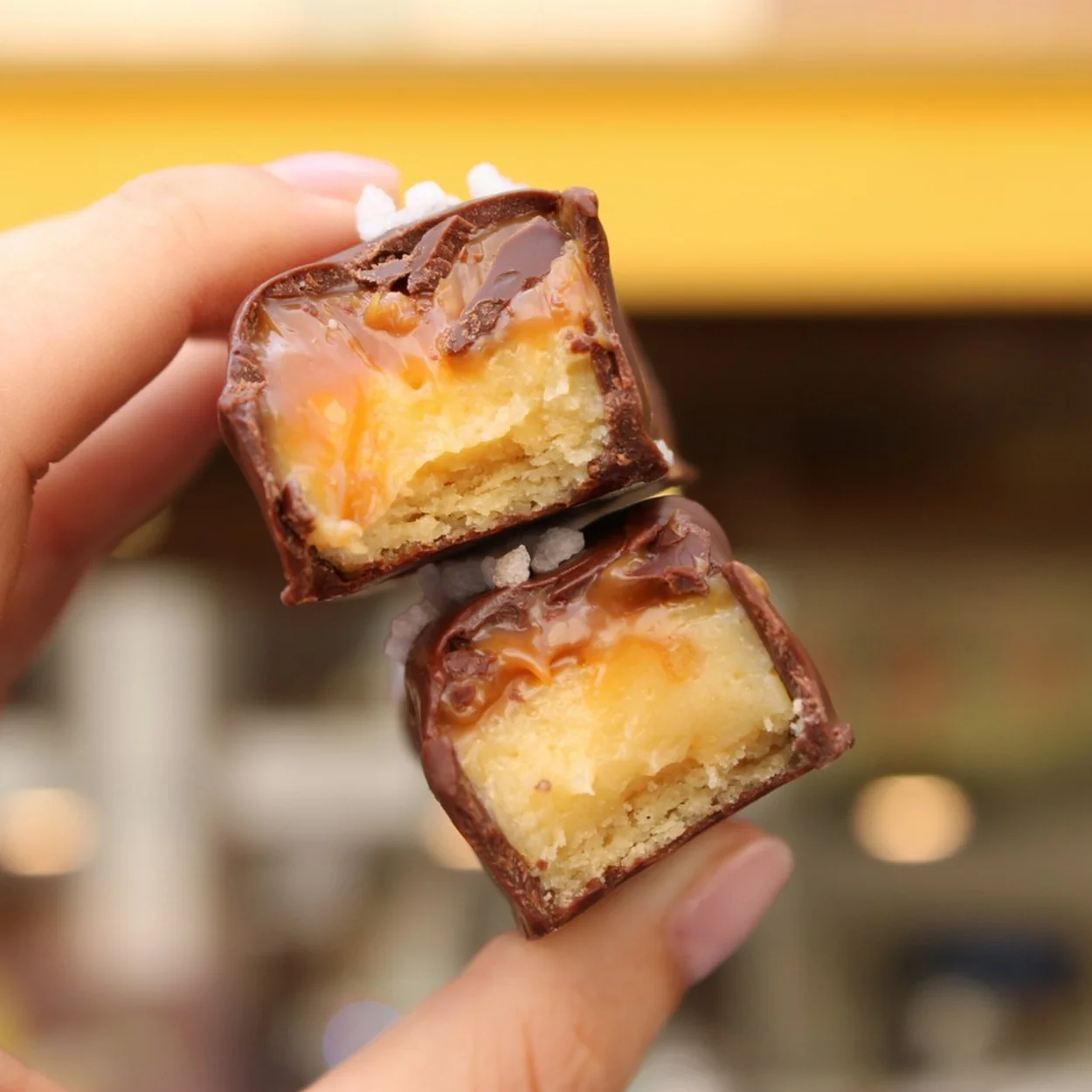Barnaby chocolate bar halves showing caramel centre