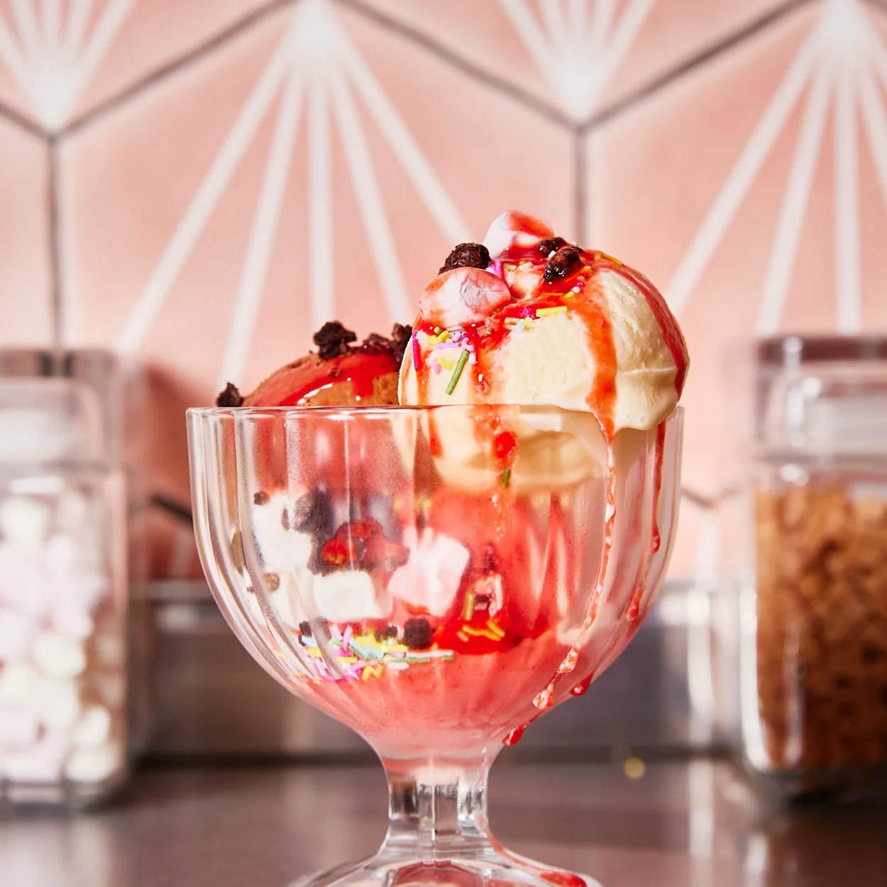 Bella Italia strawberry gelato sundae in a glass coupe