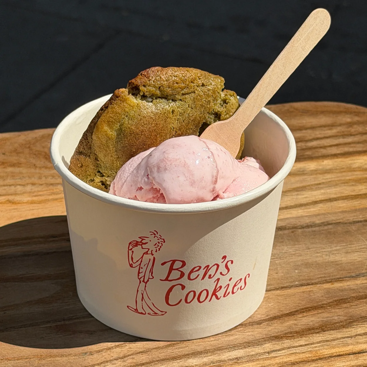 Ben's Cookies warm cookie served with ice cream in a branded cup