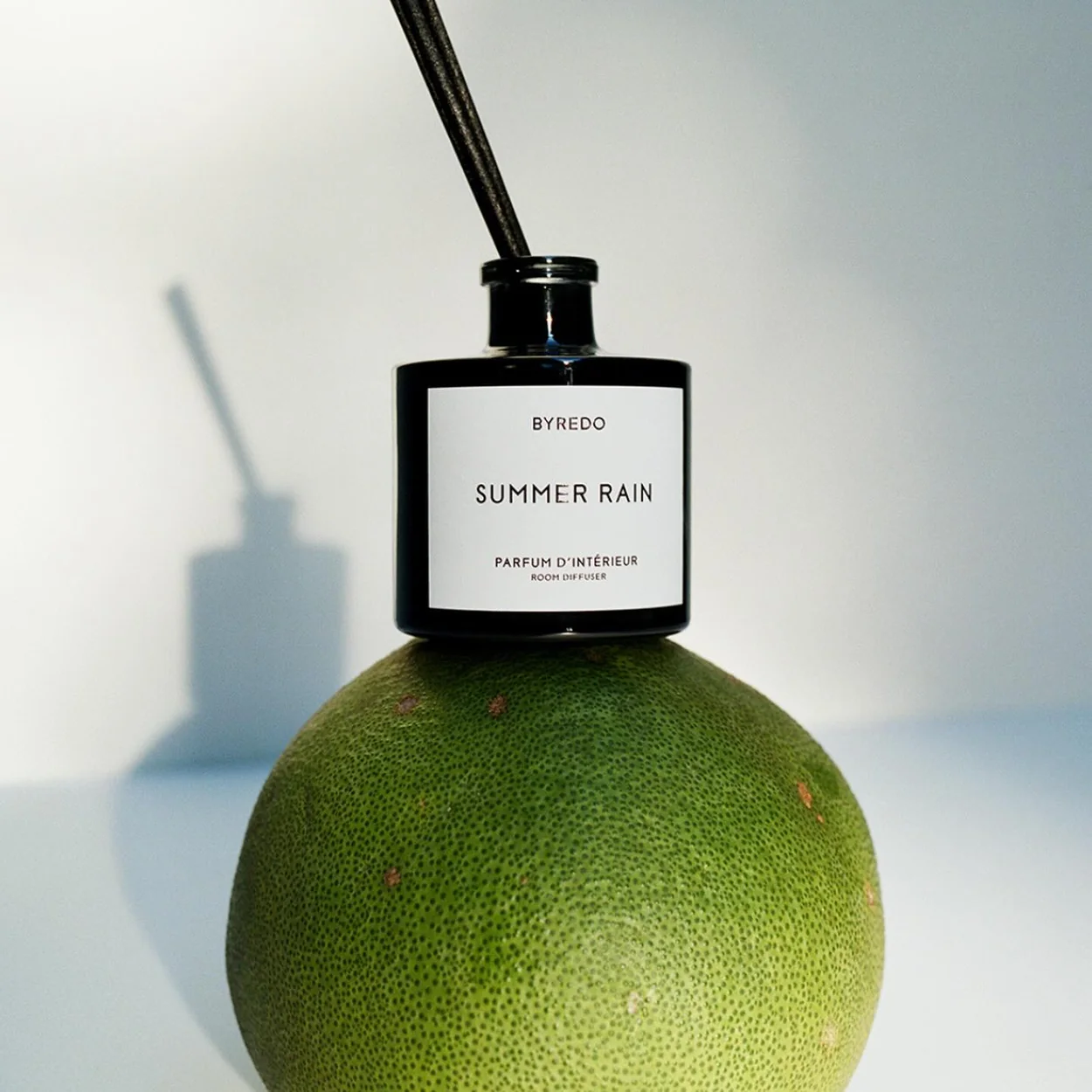BYREDO Summer Rain reed diffuser resting on a pomelo