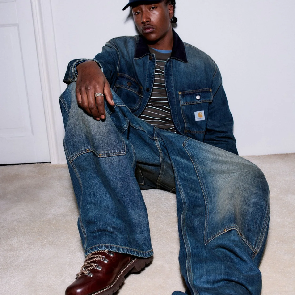 Carhartt WIP denim chore coat, jeans and cap