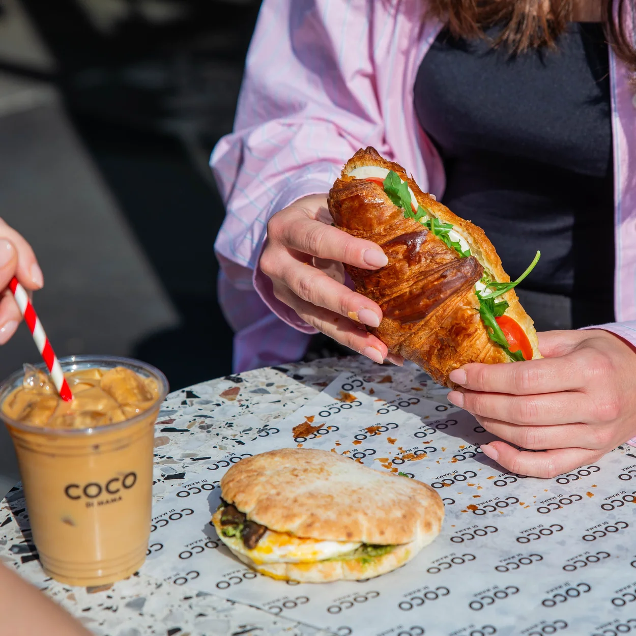 Coco di Mama filled croissant, breakfast muffin and iced coffee