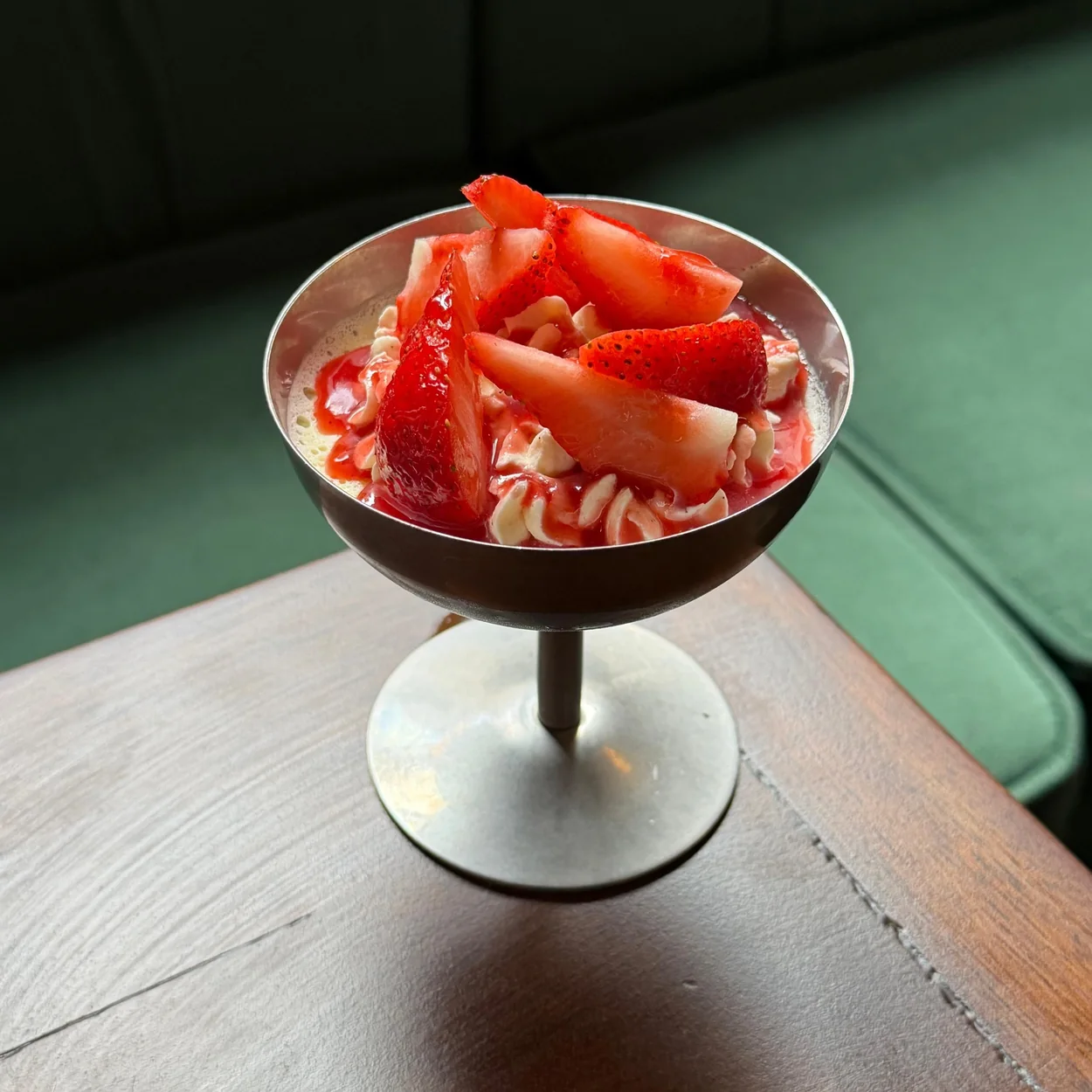 Cora Pearl strawberry dessert in a coupe glass