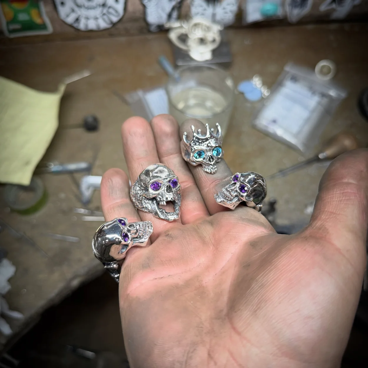 Crazy Pig Designs handmade silver skull rings at the Covent Garden workbench