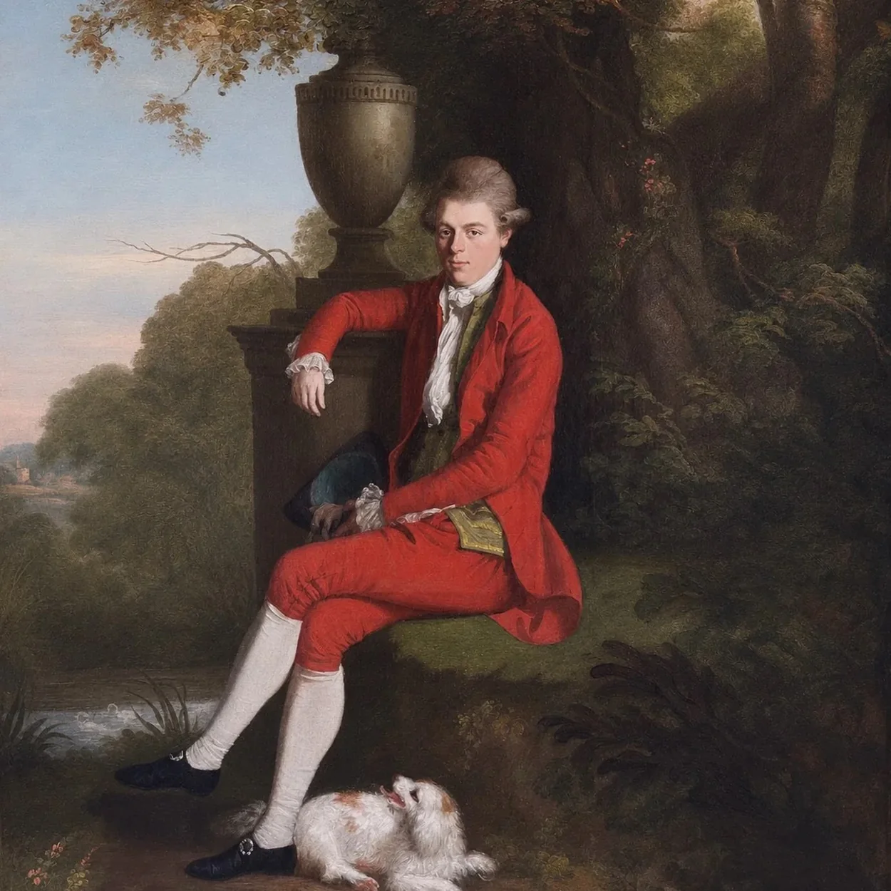 Darnley Fine Art eighteenth-century portrait of a gentleman in red with a dog