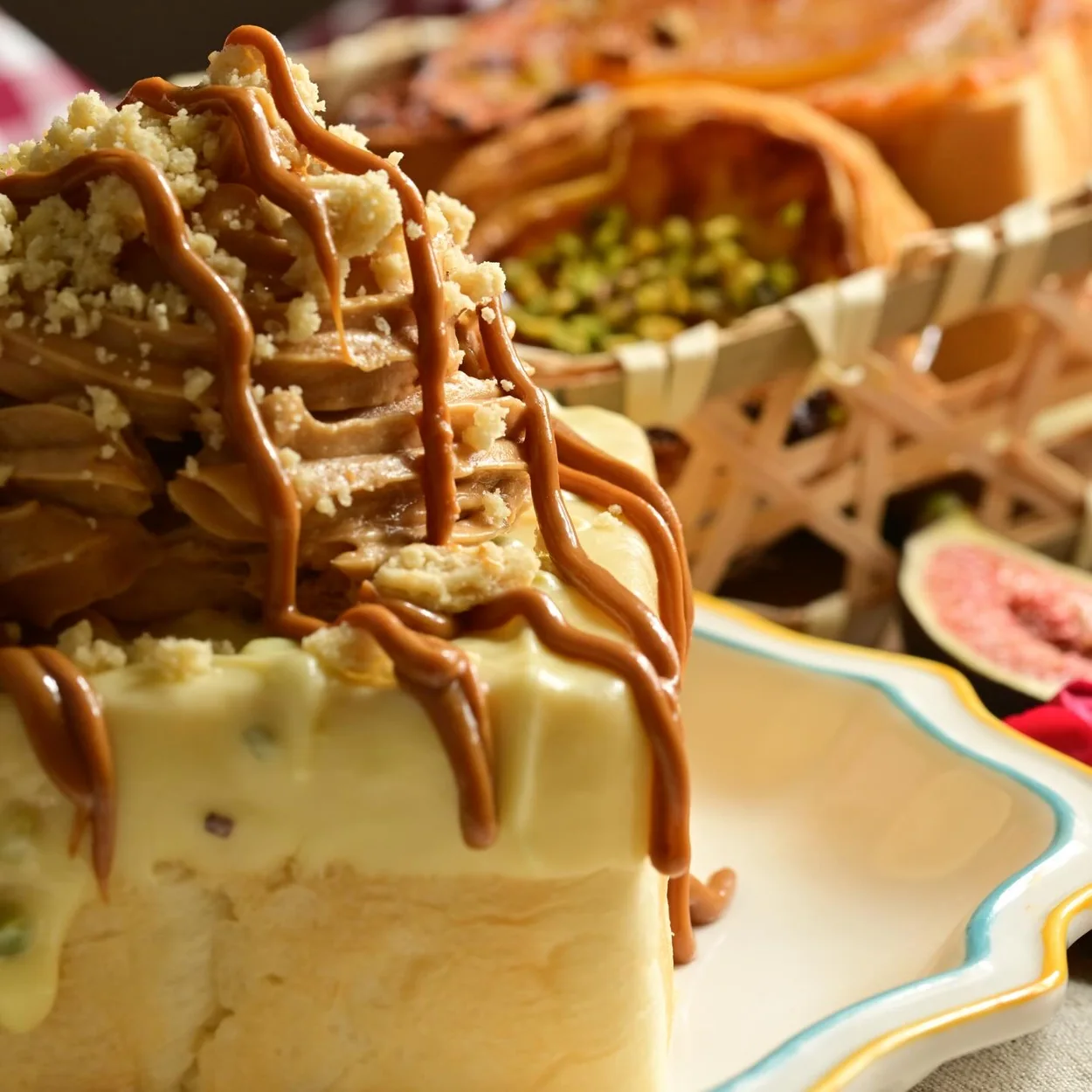 Day Day Drink dessert slice with caramel drizzle and pistachio