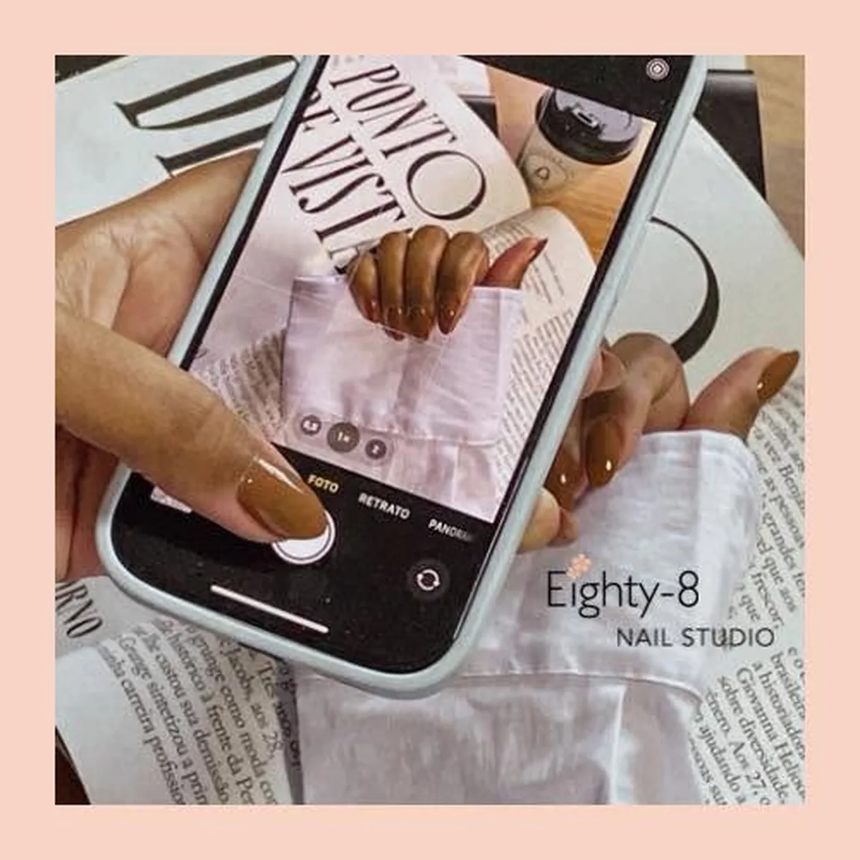 Eighty-8 Nail Studio client photographing a fresh caramel manicure