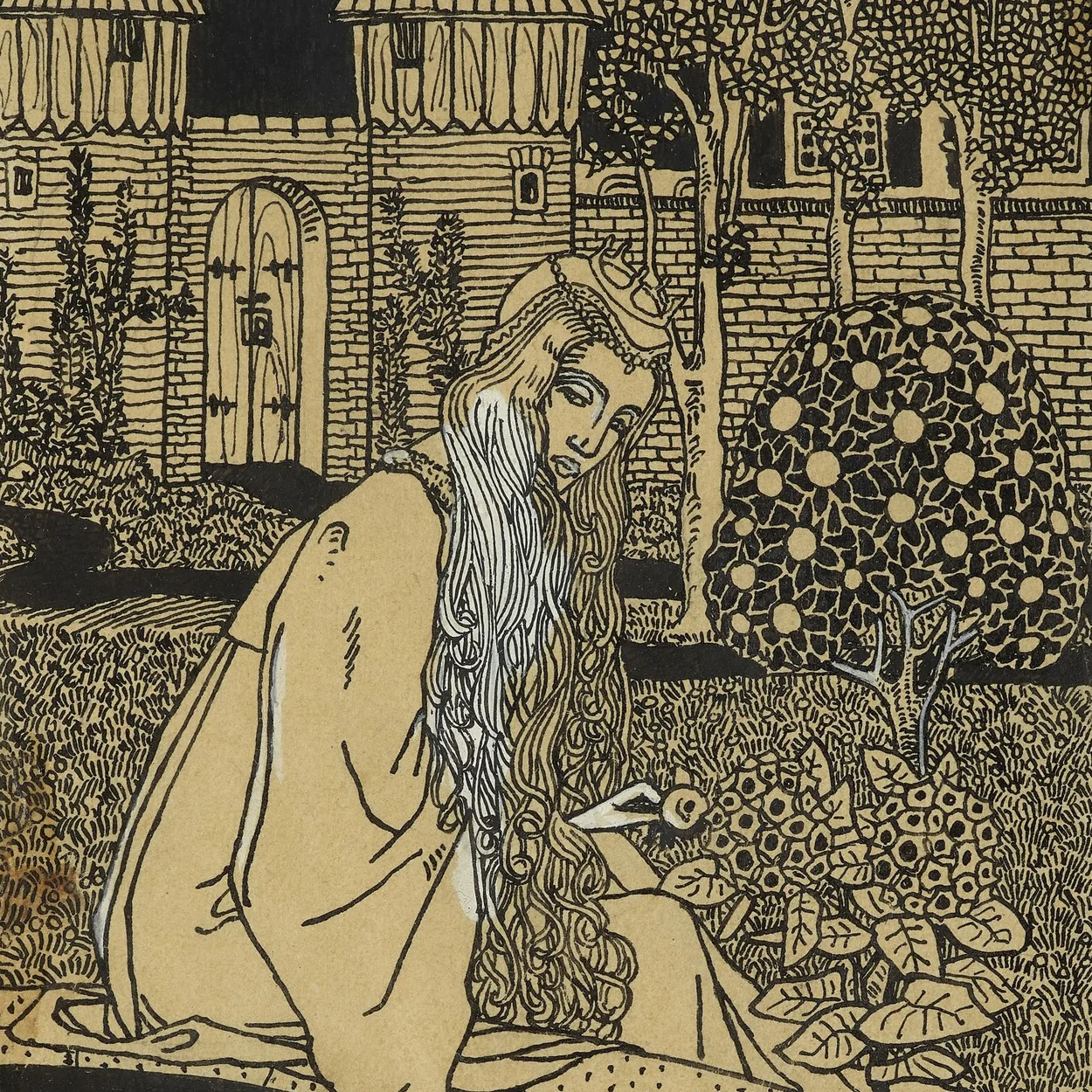 Emanuel von Baeyer woodcut print of a figure in a walled garden