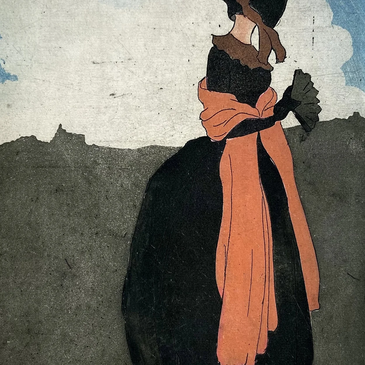 Emanuel von Baeyer colour print of a woman in a black dress and orange shawl