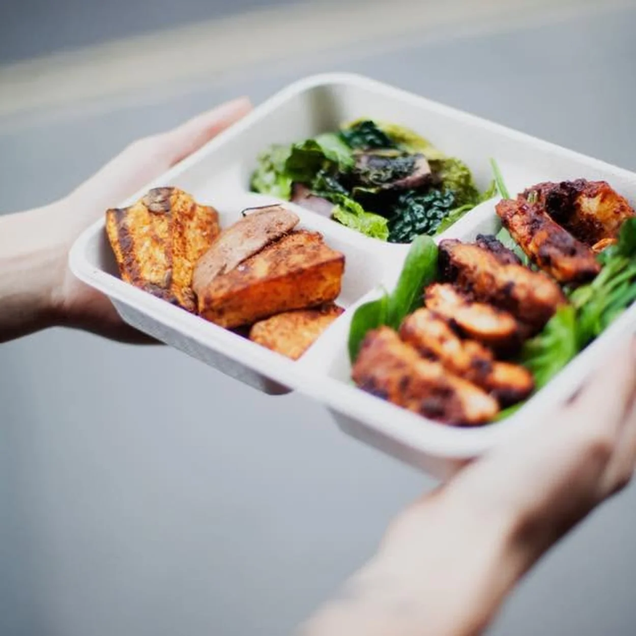 Farmer J Fieldtray held in hand with grilled chicken and greens