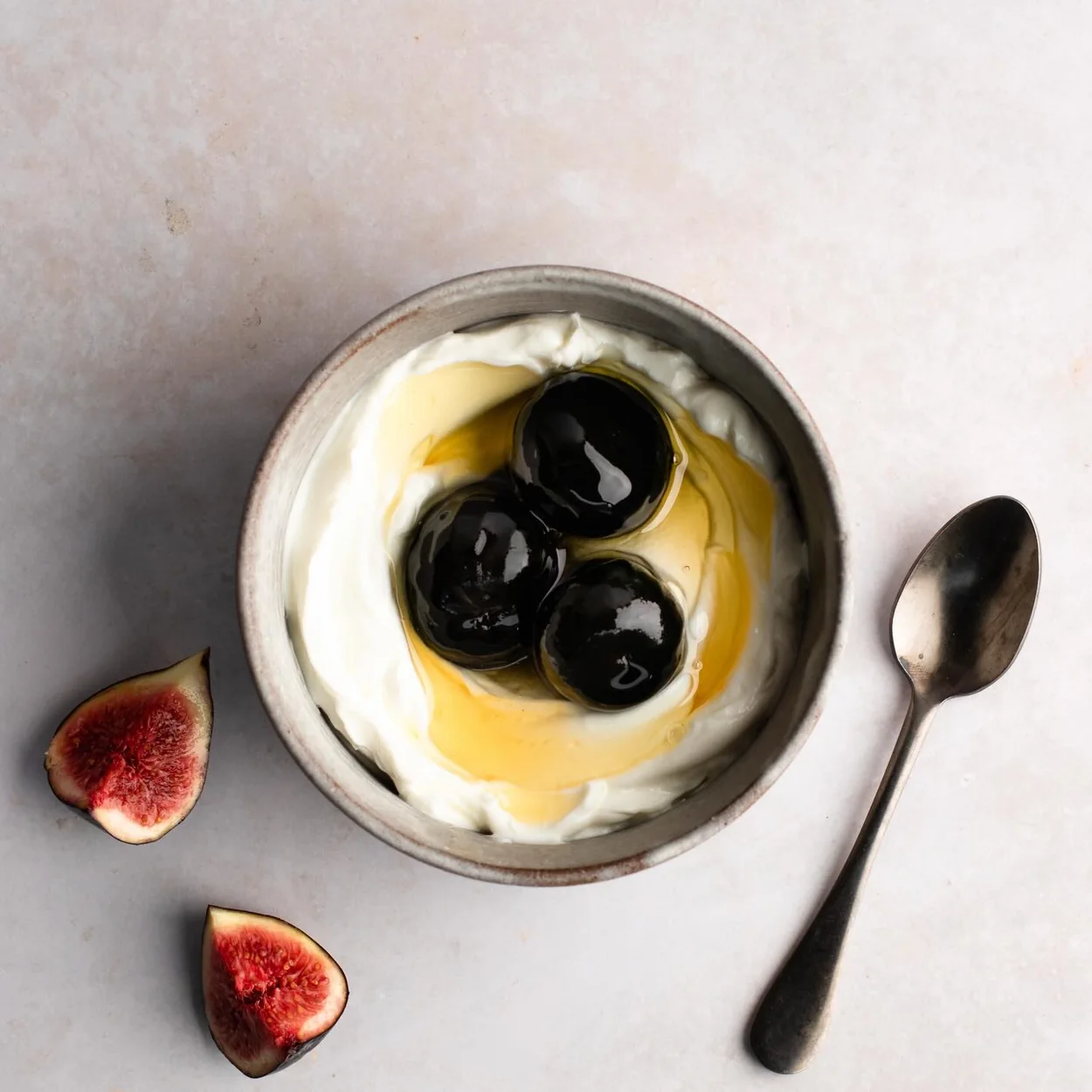 Fresko Greek yogurt with black cherry spoon sweet, honey and figs