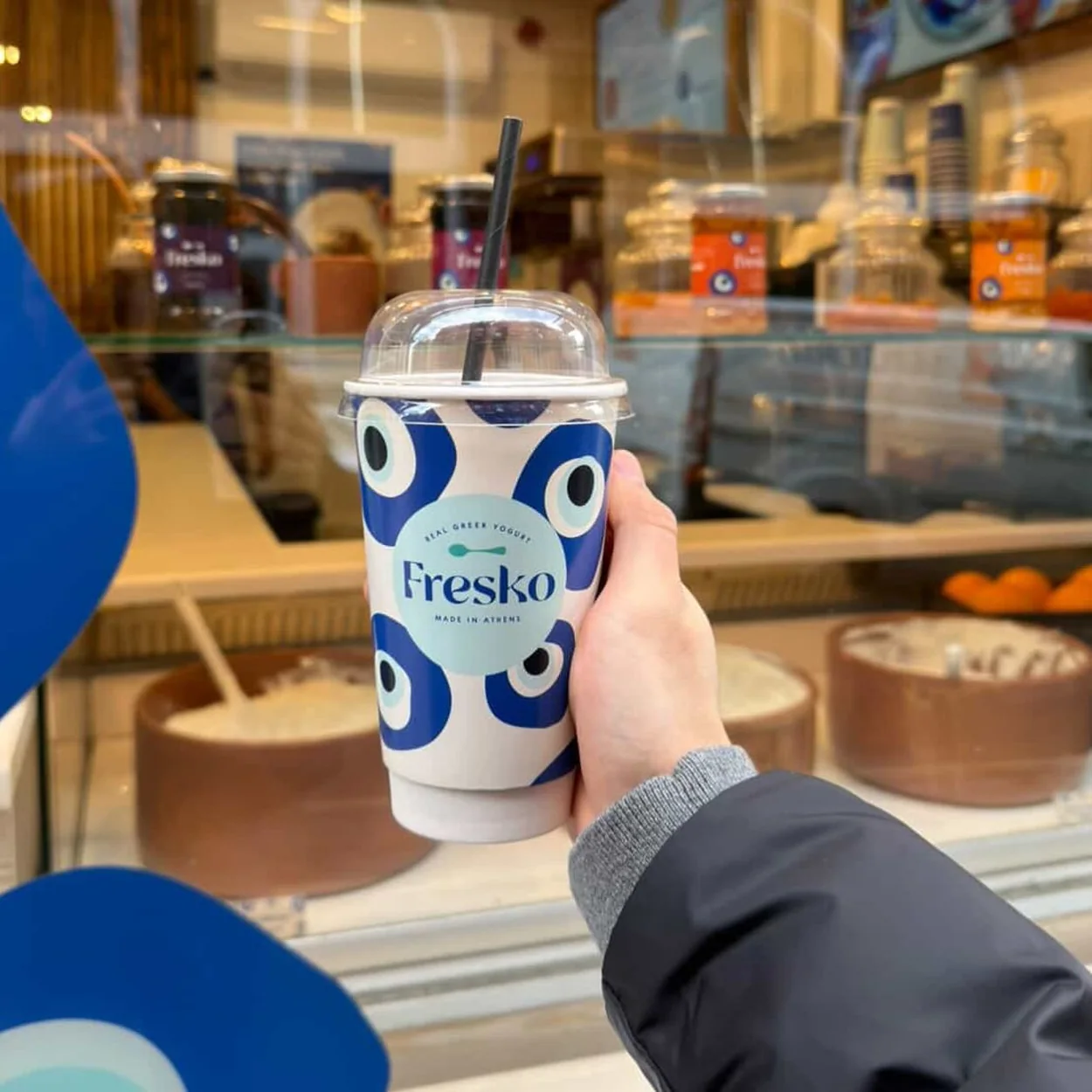 Fresko yogurt smoothie held inside the Covent Garden shop