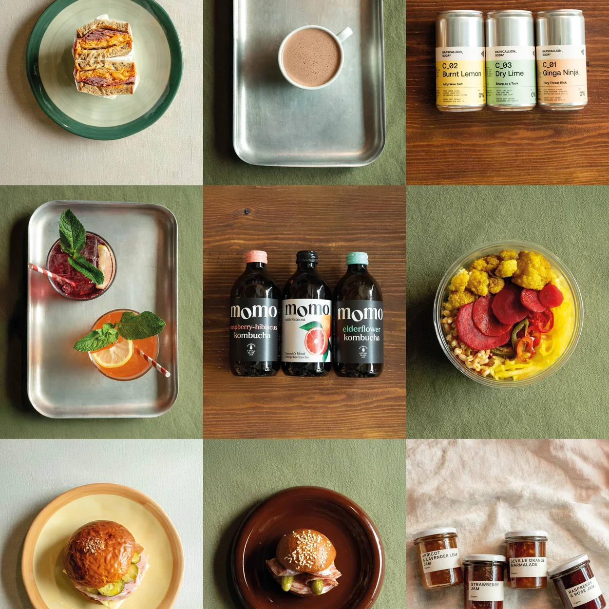 GAIL's Bakery breakfast trays with buns, coffee and pantry jars