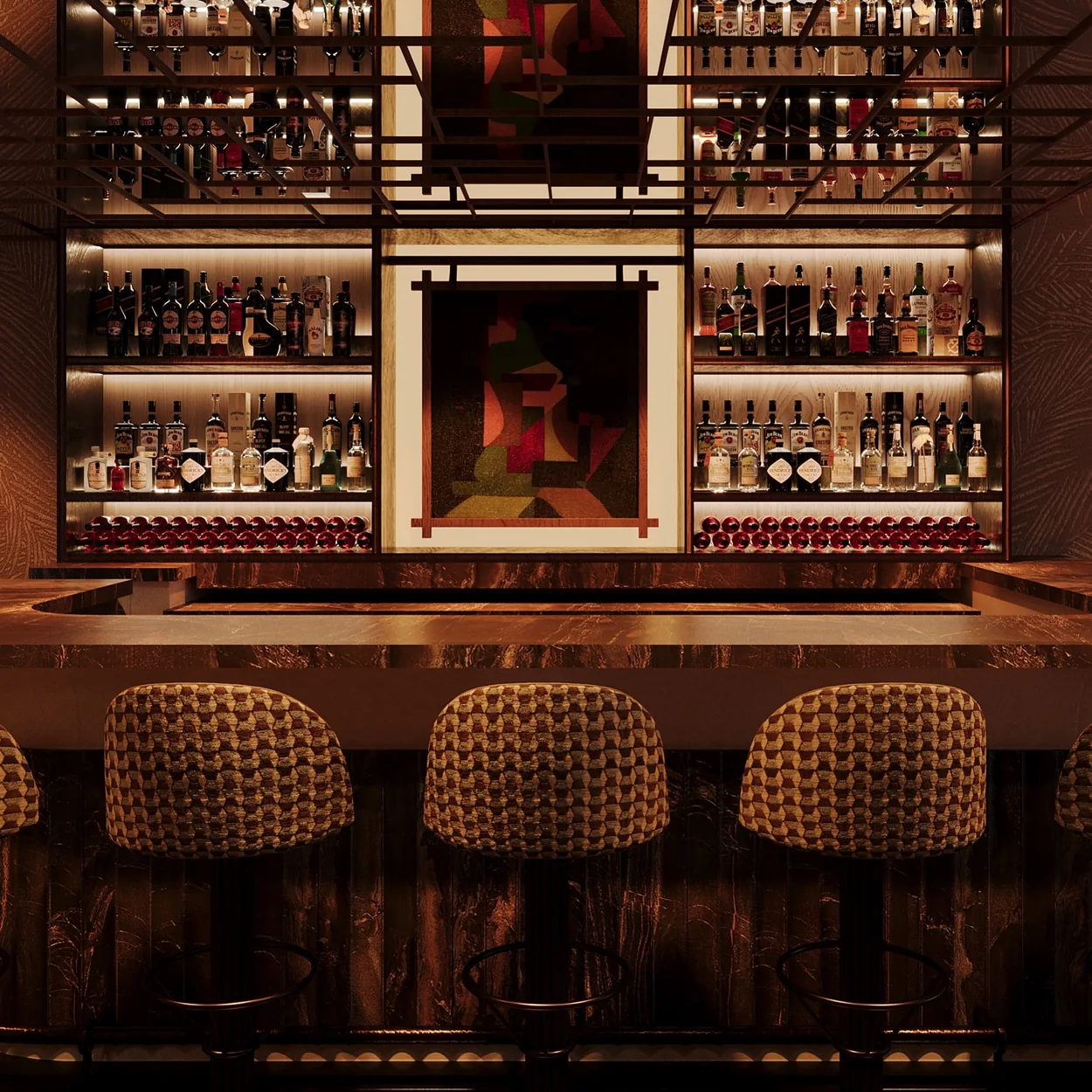 Gaucho Covent Garden bar with back-lit shelves and patterned stools