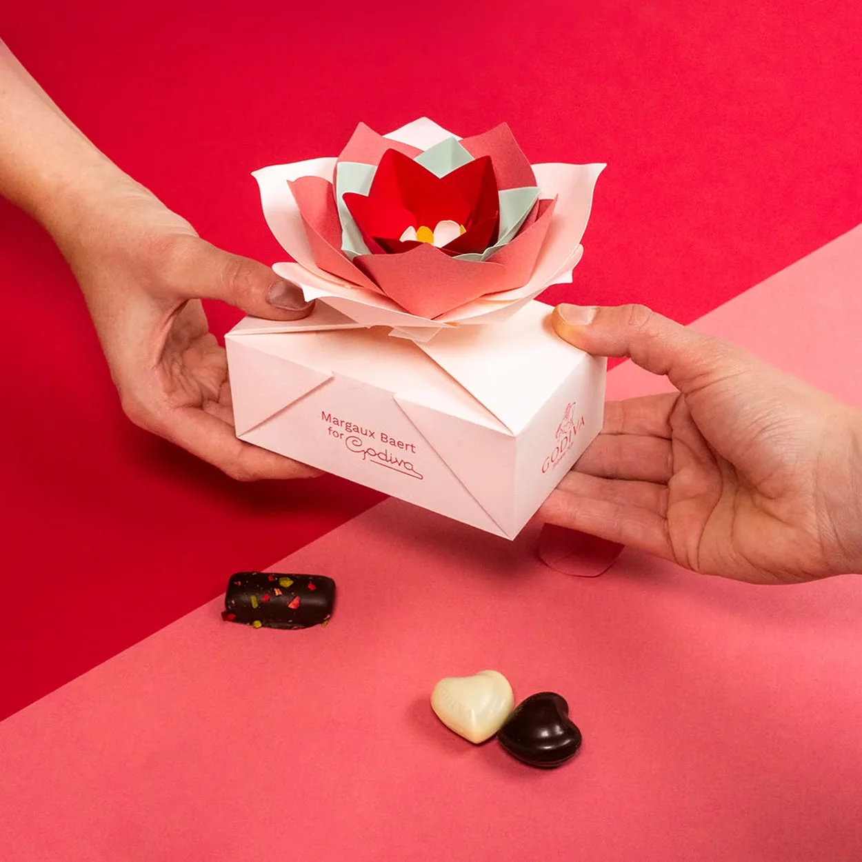 Godiva Margaux Baert praline box with paper flower lid
