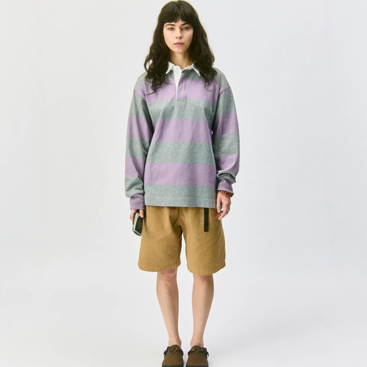 Gramicci striped rugby shirt and G-Shorts outfit