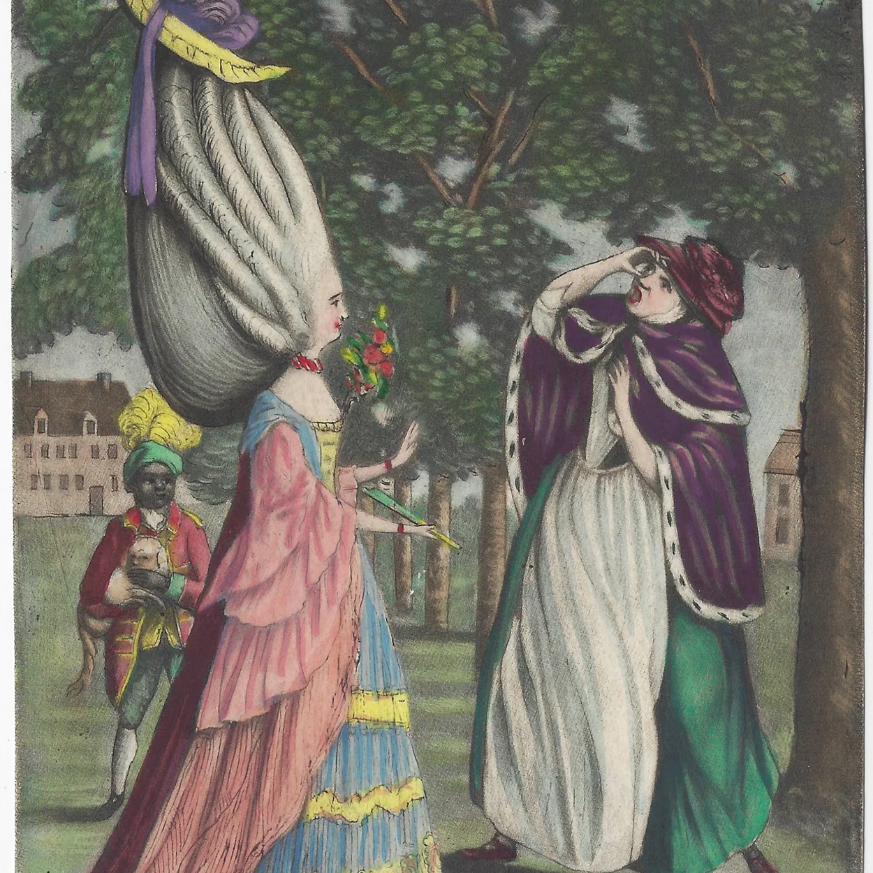 Grosvenor Prints hand-coloured eighteenth-century satirical print of two ladies in tall wigs