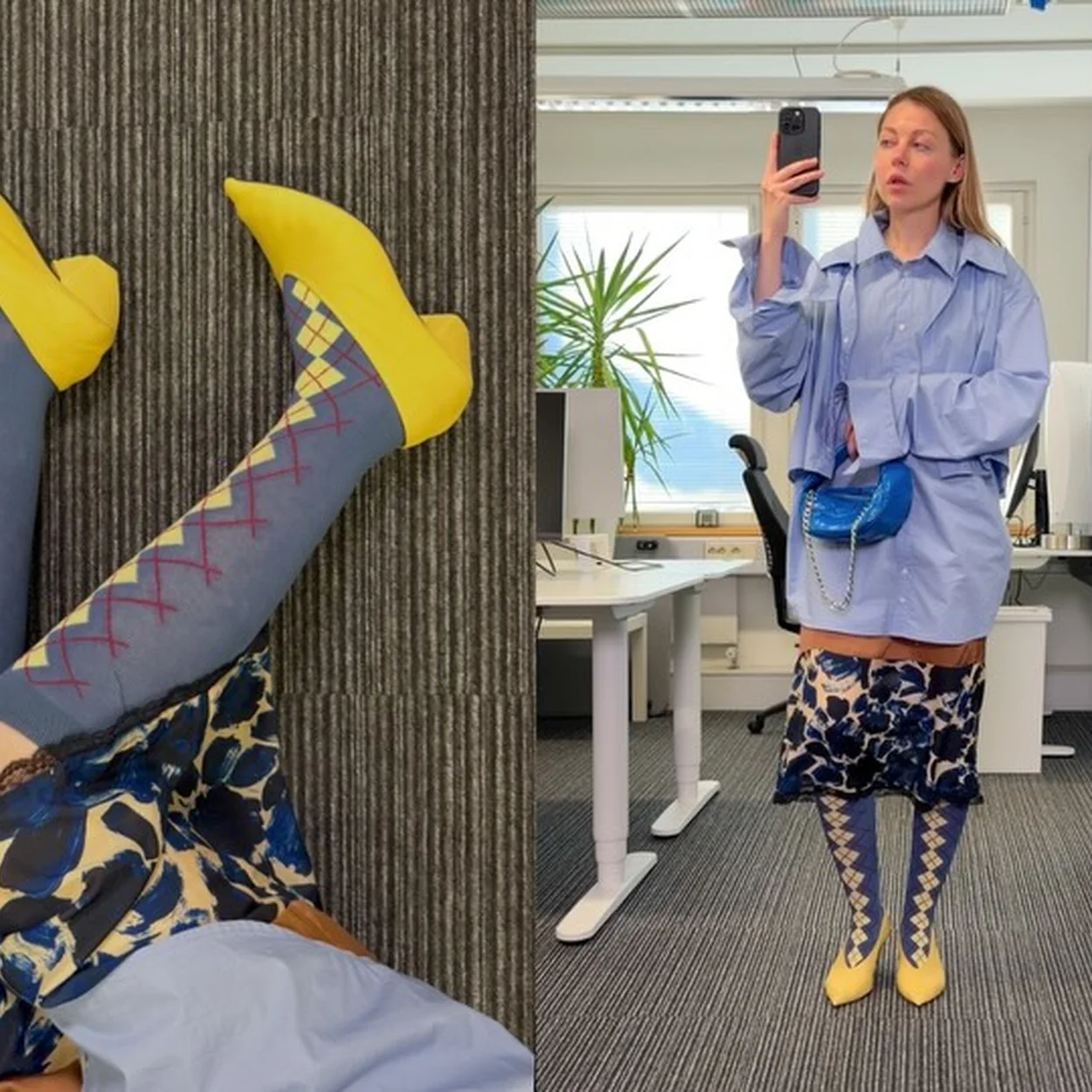 Happy Socks patterned socks worn in a mirror selfie outfit