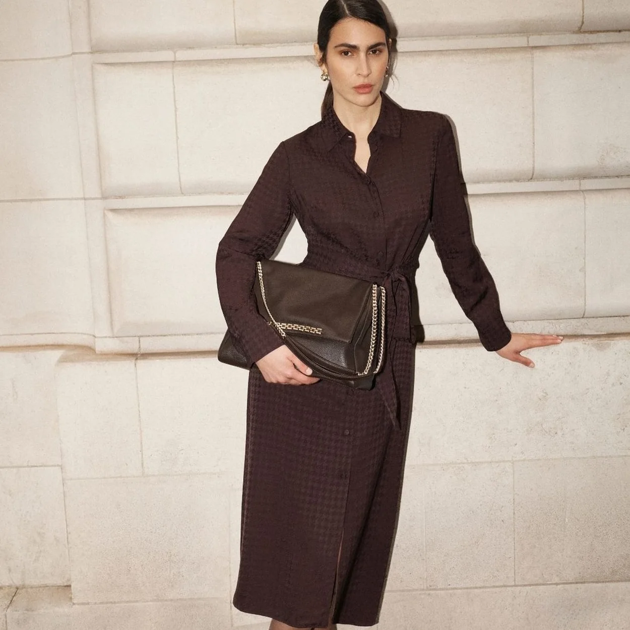 Hobbs dark brown belted shirt dress worn with a leather clutch
