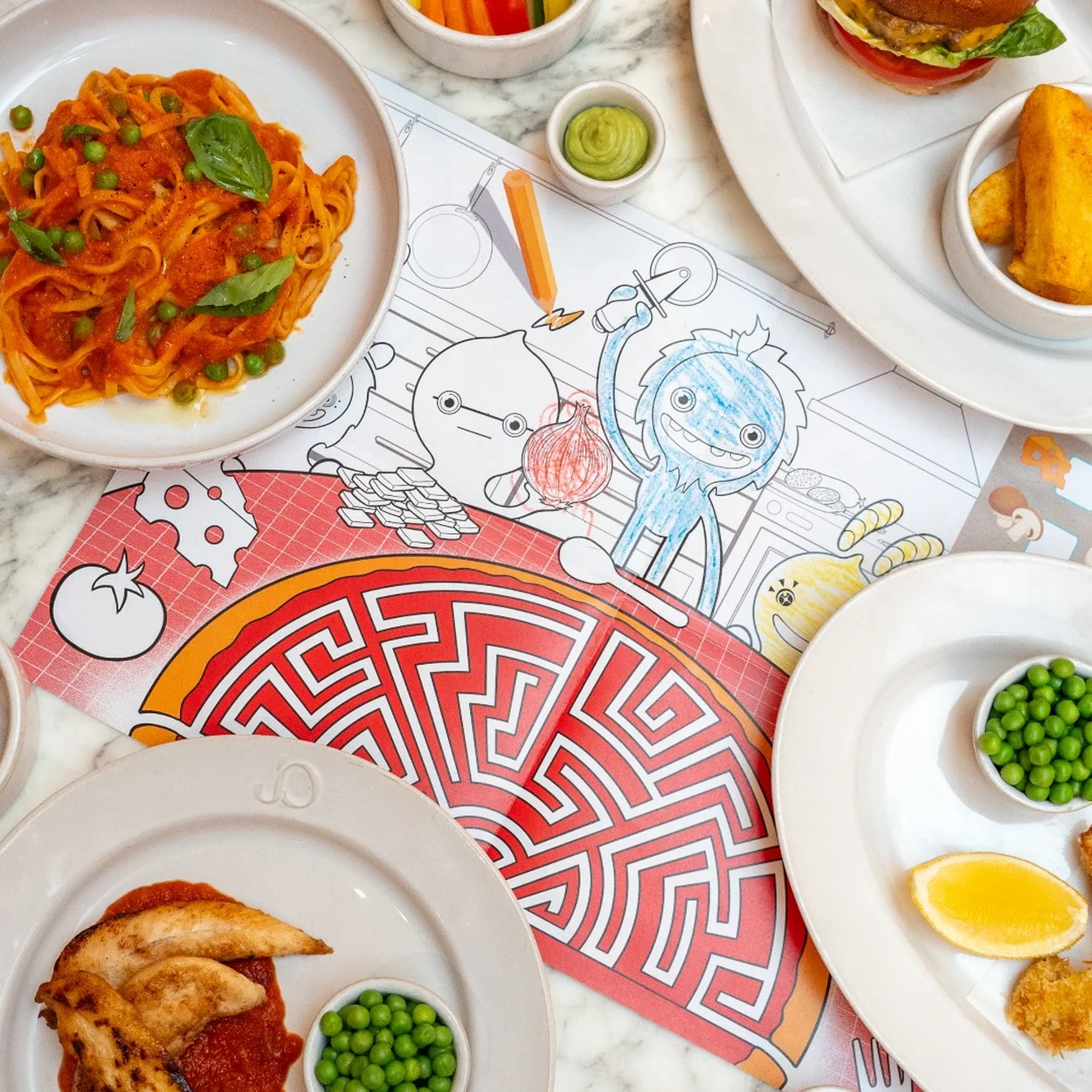 Jamie Oliver Catherine St children's menu dishes with pasta, burger and vegetables
