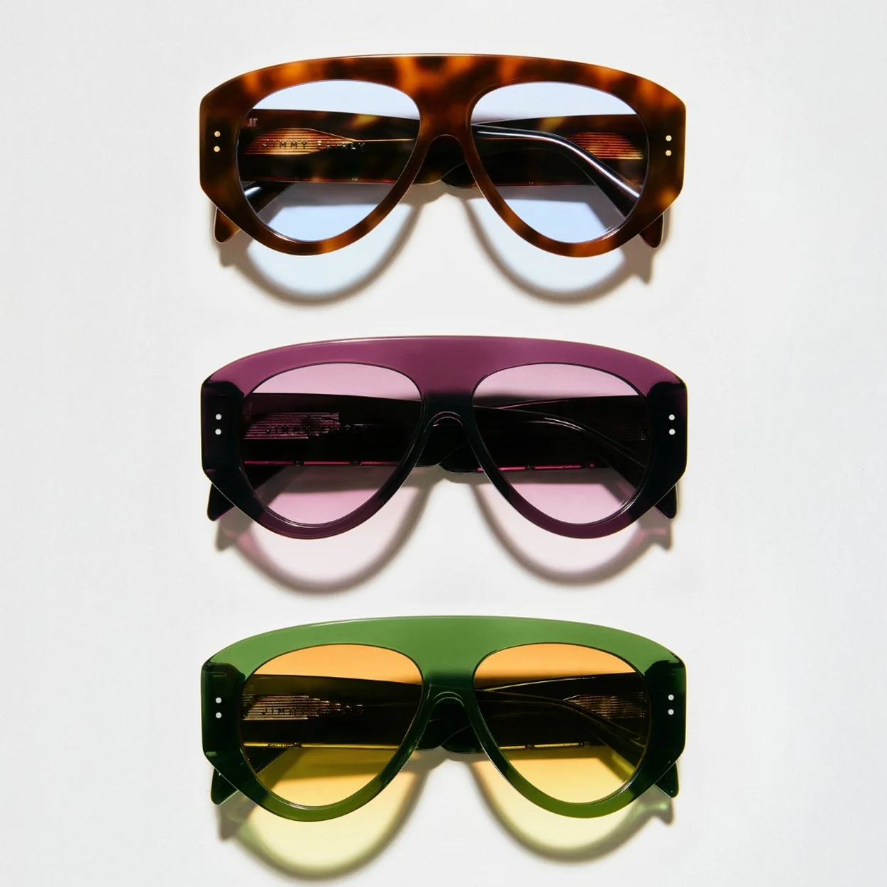 Jimmy Fairly tortoiseshell, purple and green shield sunglasses