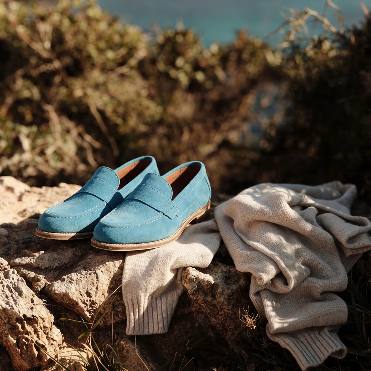 Joseph Cheaney blue suede loafers beside folded knitwear on a rock