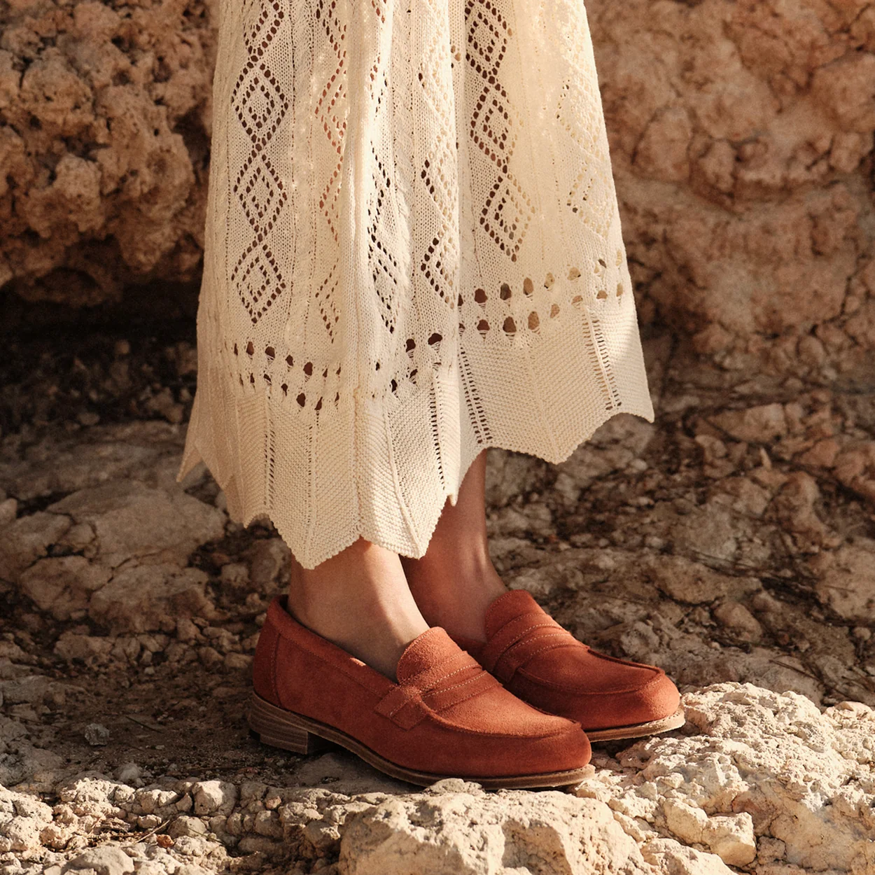 Joseph Cheaney rust suede loafers worn with a crochet dress