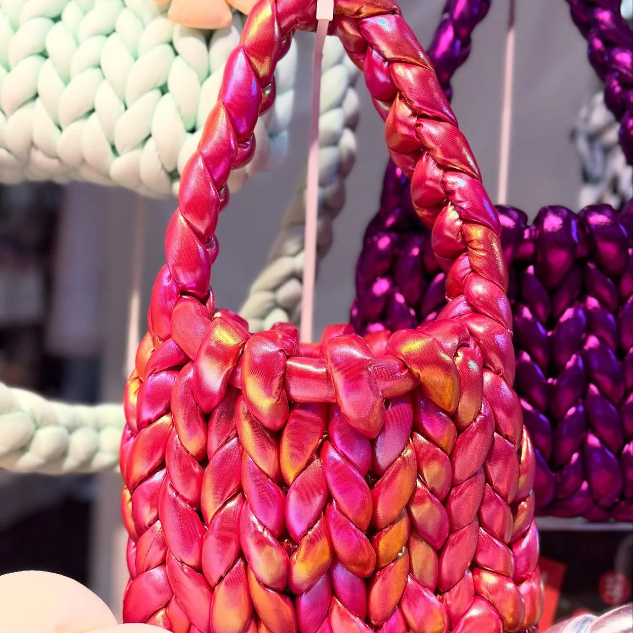 Jubilee Market hand-knitted pink bag from an arts and crafts trader