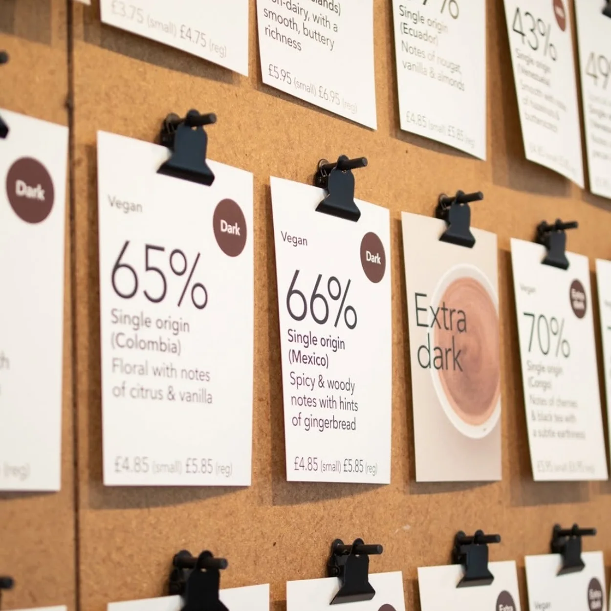 Knoops chocolate percentage menu cards pinned to a board
