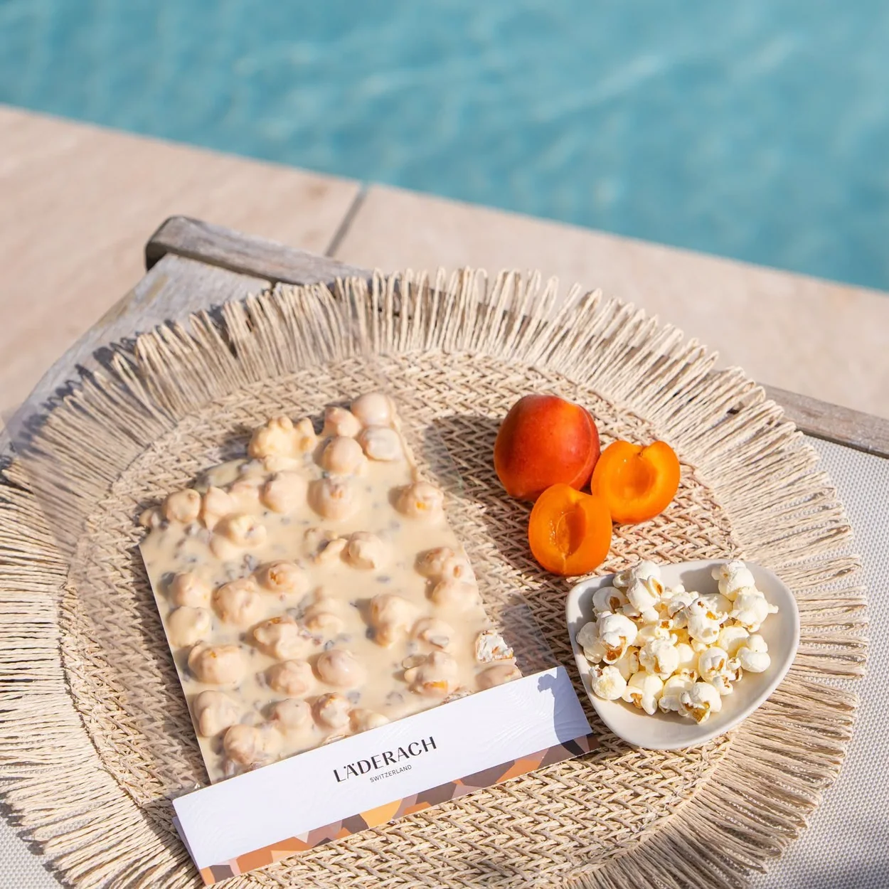 Läderach white chocolate slab with apricots and popcorn