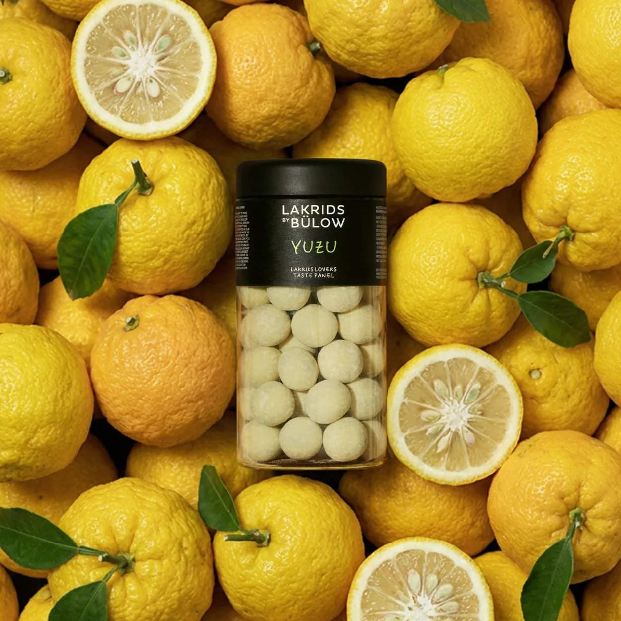 Lakrids by Bülow yuzu chocolate-coated liquorice jar among fresh yuzu