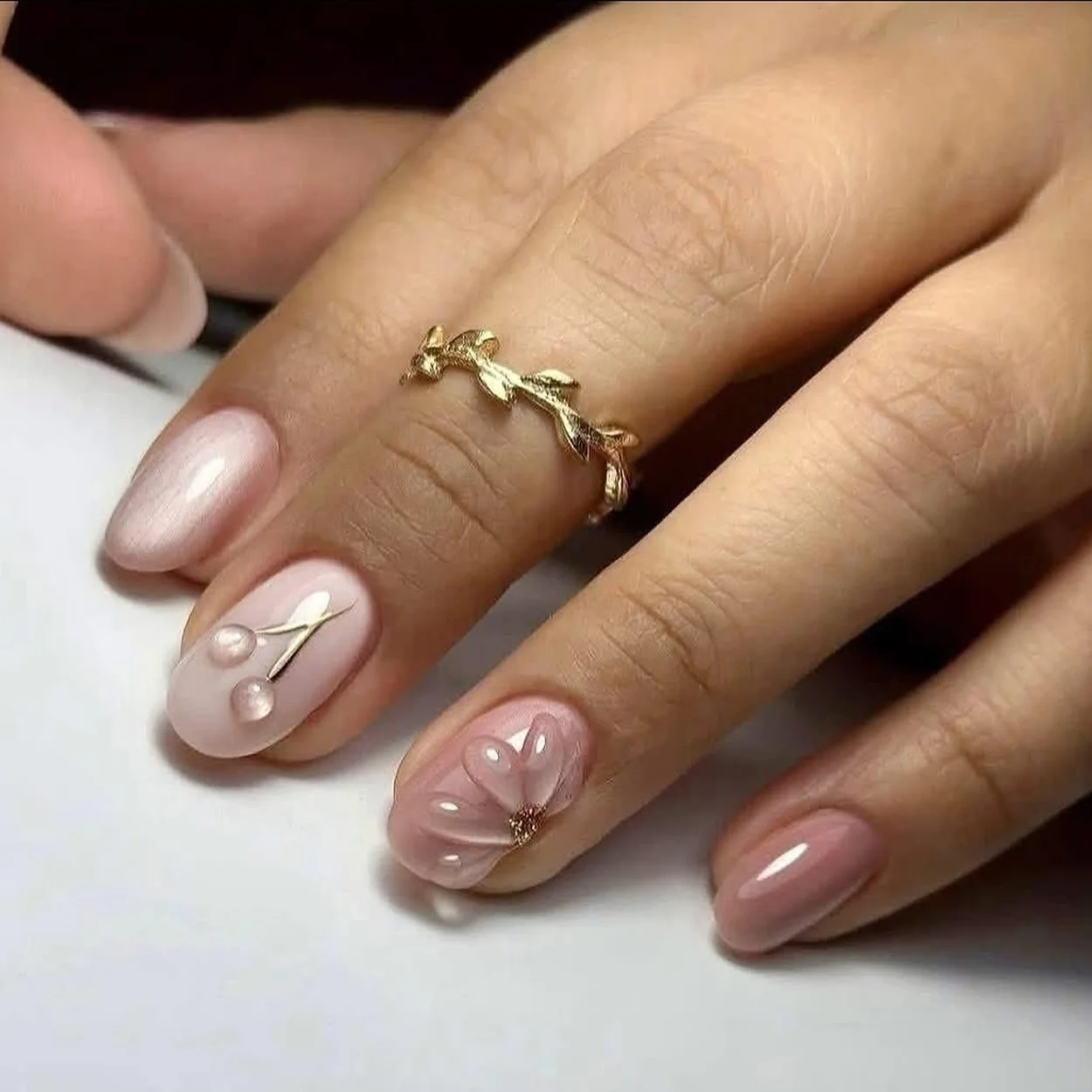 Lalux Nails sheer pink gel set with gold leaf detail
