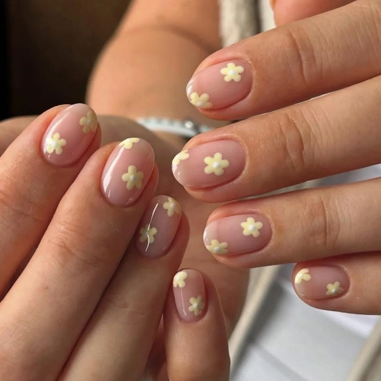 Lalux Nails short natural manicure with yellow flower nail art