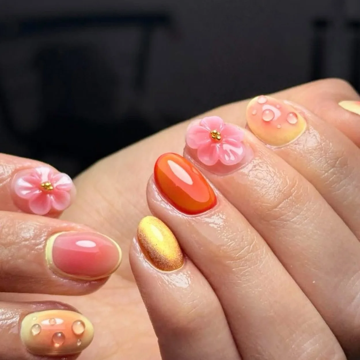 Lalux Nails 3D flower nail art in coral, pink and yellow