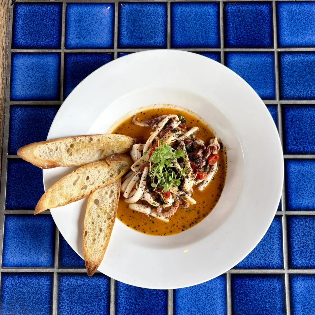 Le Beaujolais bistro plate with toasted bread on a blue tiled table