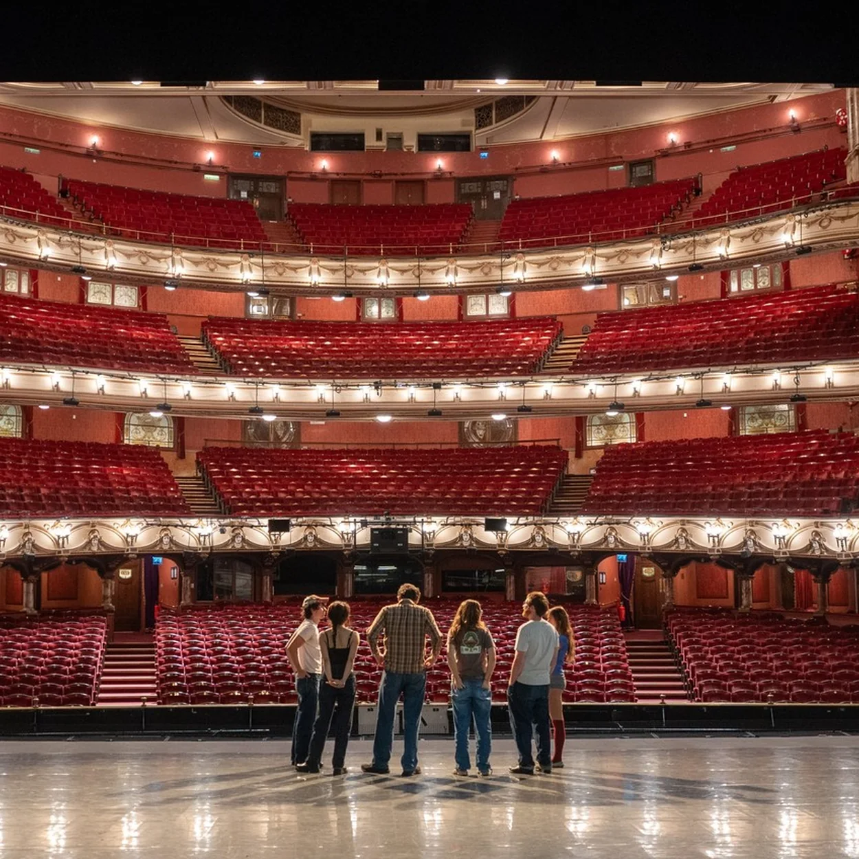 London Coliseum auditorium seen from the stage, showing the four seating levels