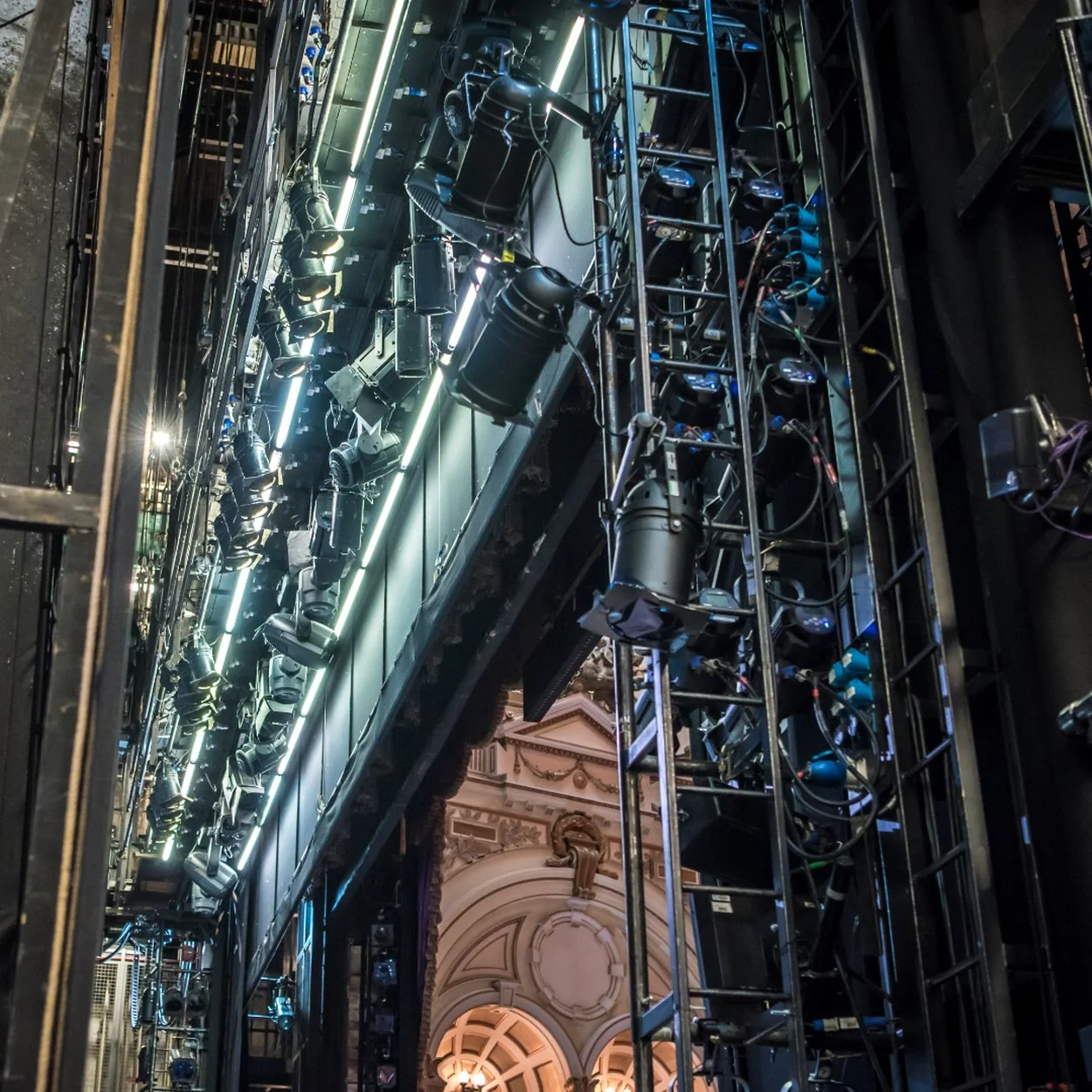 Backstage fly tower and rigging at the London Coliseum
